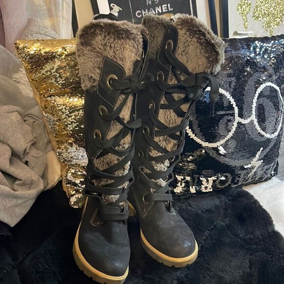 Timberland Mirney black grey fur leather suede lace up knee high boots tims 8.5 - Picture 2 of 12